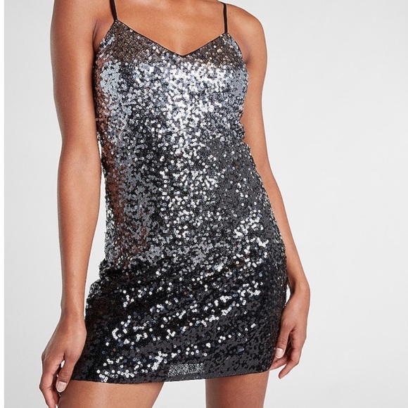 EXPRESS Ombre Sequin V-Neck Mini Slip Dress - Picture 2 of 5
